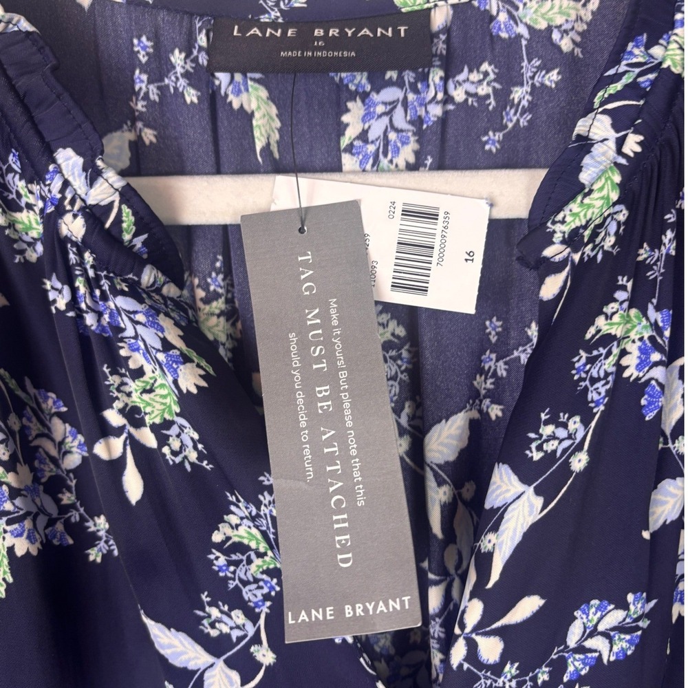 Lane Bryant Floral Midi Dress Womens 16 Navy Blue Short Sleeve Ruffle V-Neck - Picture 2 of 10